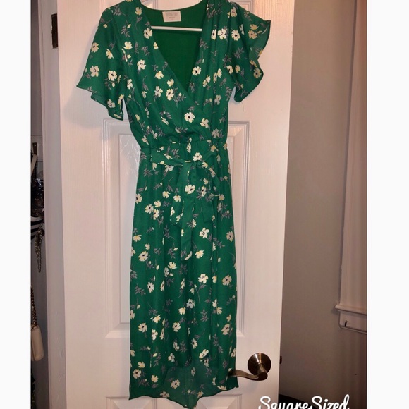 green emerald velvet dress J.NNA Dainty Floral Print Faux Wrap Flutter Hem Dress – ReFINE309 main image 1